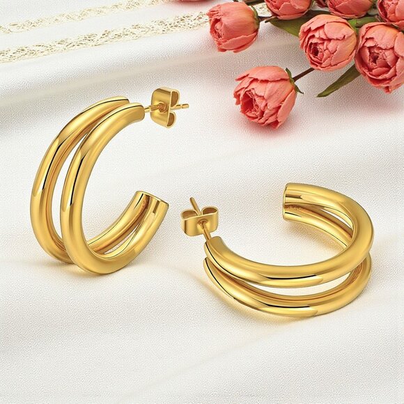๐Minimalist Double C Hoop Earrings 18K Gold Plated Stainless Steel Trending - Picture 11 of 13